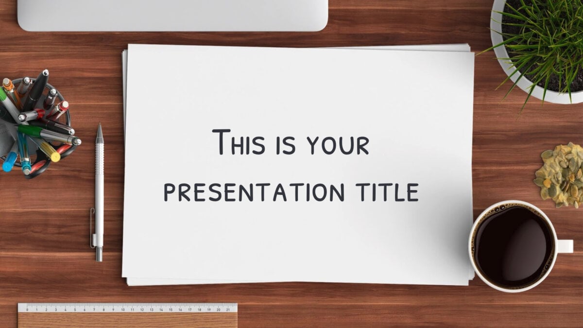 Free Powerpoint template or Google Slides theme with desk and stationery scenes