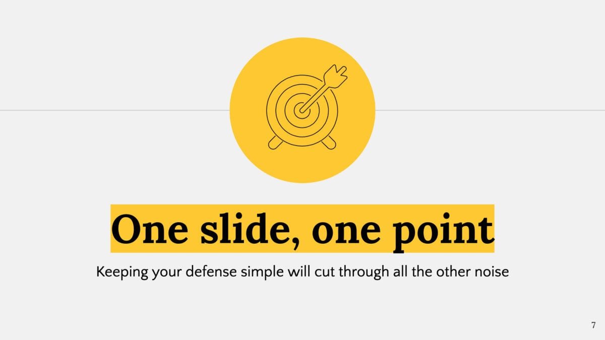 Gray presentation slide with icon over yellow circle and message "One slide, one point"