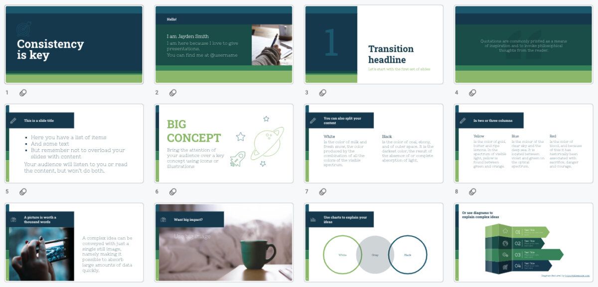 12 presentation slides showing a consistent design