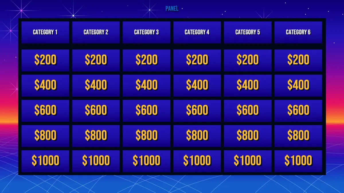 Jeopardy game made with Google Slides and SlidesCarnival template